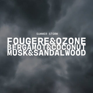 Summer storm with a text overlay on a dark cloudy background with a product description of fougere & ozone, bergamot & coconut and musk & sandalwood
