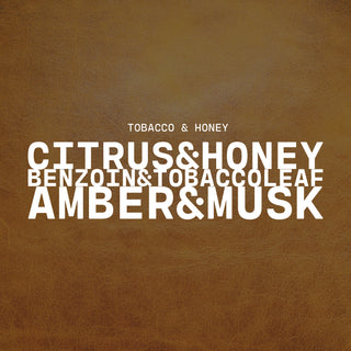 Tobacco & Honey with a text overlay on an brown leather background with a product description of citrus & honey, benzoin & tobacco leaf and amber & musk