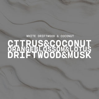 White driftwood & coconut with a text overlay on an textured white background with a product description of citrus & coconut, orange blossoms & lotus and drift wood & musk