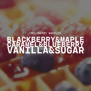Waffle with berries and syrup background with 'Wildberry Waffles' text overlay and scent notes of blackberry & maple, caramel & blueberry and vanilla & sugar