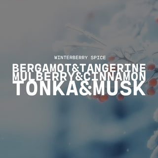 'Winterberry Spice' text overlay with fragrance notes of bergamot & tangerine, mulberry & cinnamon and tonka & musk on a blurred winterberry background